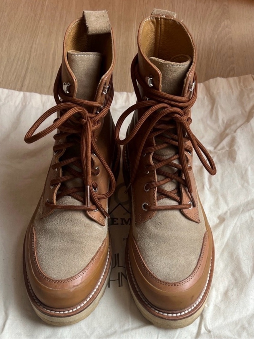 Ulla Johnson Two-Tone Tan & Beige Lace-Up Leather Suede Boots